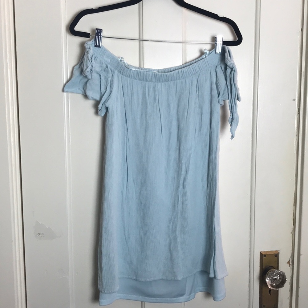 Aqua off the shoulder dress, excellent condition.